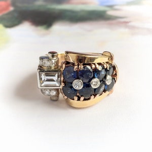 Vintage 1940’s 3.46ct.tw. Sapphire Baguette Diamond Cocktail Ring 14K Gold Platinum