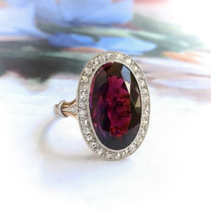 Edwardian 6.47 ct.tw. Deep Rose Tourmaline and Diamond Halo Ring 18K Platinum