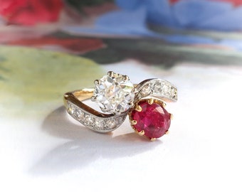 Antique Edwardian Toi et Moi Ring: Ruby & Old European Cut Diamond, Platinum 18k