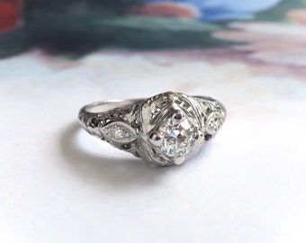 Art Deco .34 ctw. Diamond Filigree Engagement Ring 18K White Gold