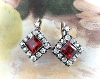 Antique Victorian 4.32 ct. tw. Emerald Cut Garnet and Old European Cut Diamond Halo Earrings Silver Over 14k