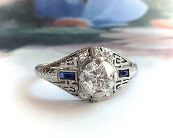Art Deco Diamond and Sapphire Engagement Ring Platinum and 10K Shank- .78 ct. tw.