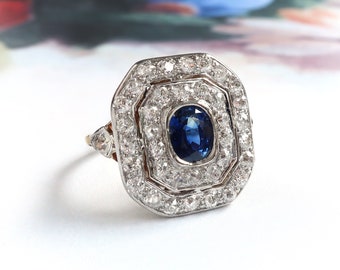 Art Deco 1.68 ct. tw. Sapphire and Diamond Double Halo Octagonal Ring 14K Platinum