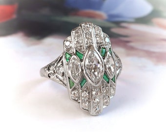 Art Deco .88ct.tw. Diamond and Emerald Navette Ring Platinum