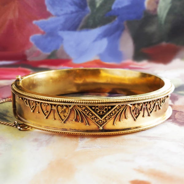 Antique Victorian 1850's Etruscan Revival Cuff Bracelet Hinged 18k Yellow Gold 5.75" Inch Wrist