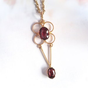 Antique Garnet Clover Pendant 1920's 2.22ct t.w. Almandite Garnet Drop Quatrefoil Stacking Layering Necklace 10k 9k Gold image 1