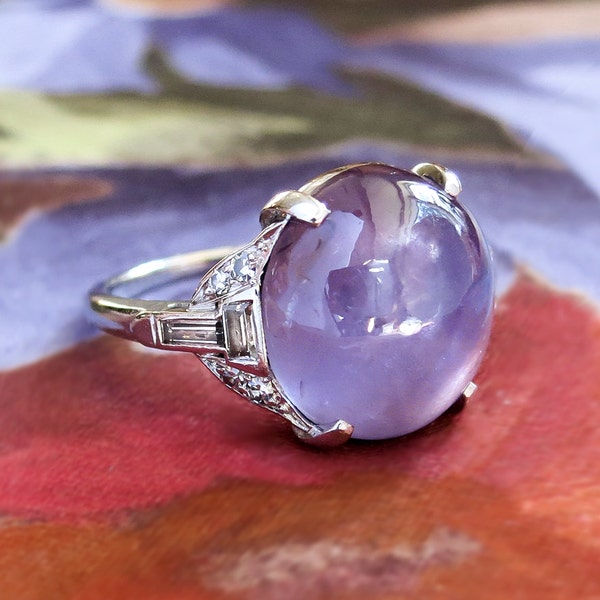 Vintage Star Sapphire Ring Art Deco 1930's No Heat Purple Star Sapphire Diamond Cocktail Anniversary Birthstone Ring Platinum