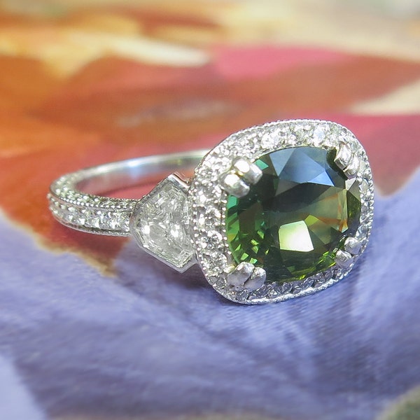 SOLD---Installment Deposit Due 5/26---Green Sapphire Engagement Ring Diamond Three Stone Engagement Anniversary Birthstone Cocktail Ring
