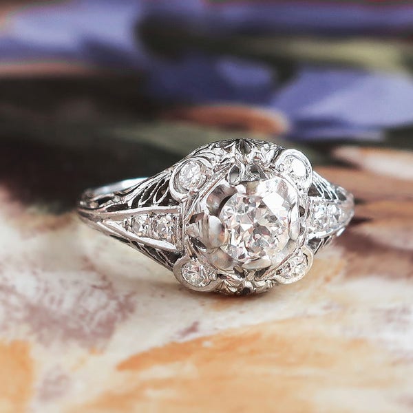 Art Deco Engagement Ring Vintage 1930's Old European Cut Diamond Filigree Halo Engagement Wedding Anniversary Ring Platinum