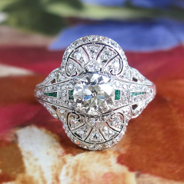 Edwardian 1920's Old European Cut Diamond & Emerald Engagement Anniversary Wedding Ring Platinum