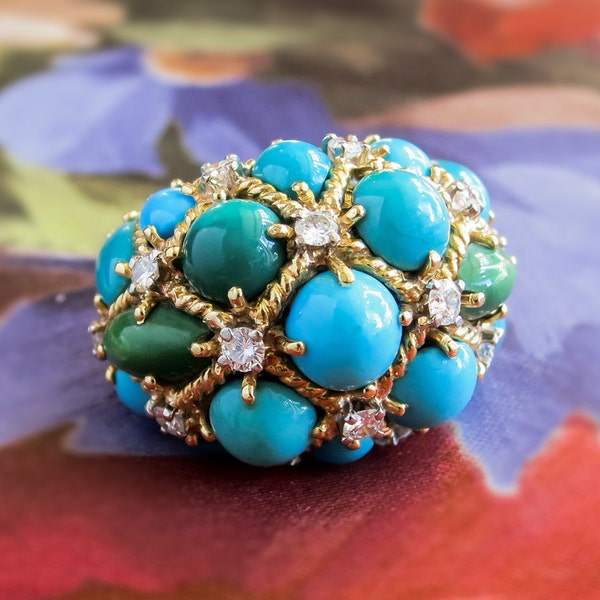 Vintage Estate 1960's Turquoise Diamond Bombe' Cocktail Right Hand Birthstone Ring 18k Yellow Gold