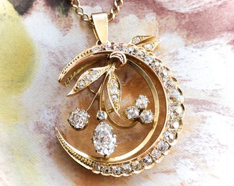 SOLD---FINAL Installment Due 2/20/18---Antique Victorian Old Pear Mine Cut Diamonds 2.83ct t.w. Crescent Moon Pendant 18k Gold 14k 20" Chain