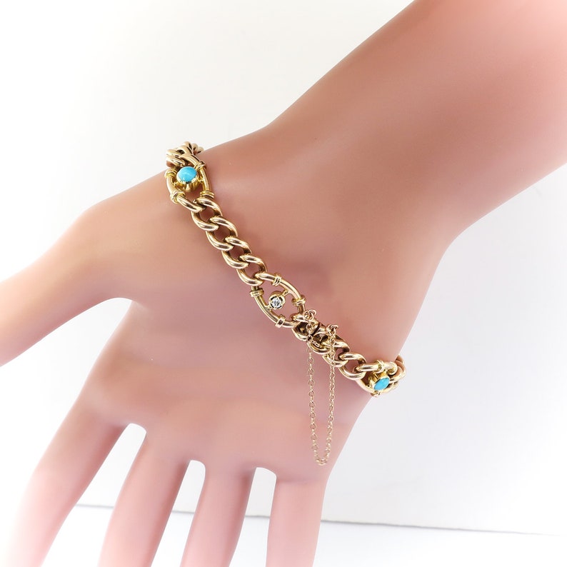 Vintage Turquoise and Diamond Link Bracelet 15k Yellow Gold Fits 7 Inch Wrist image 6