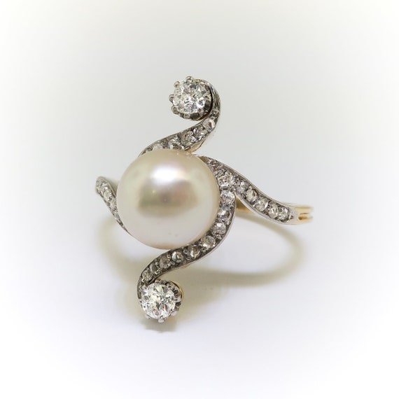Antique Edwardian Pearl and Diamond Bypass Ring 1… - image 3