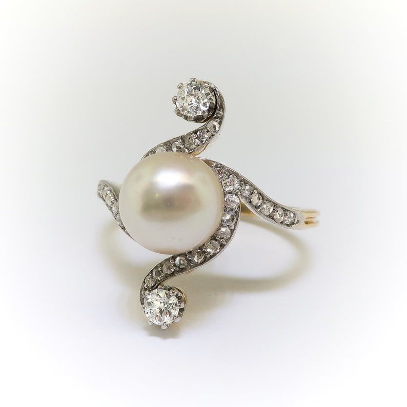 Antique Edwardian Pearl and Diamond Bypass Ring 14K Platinum image 3