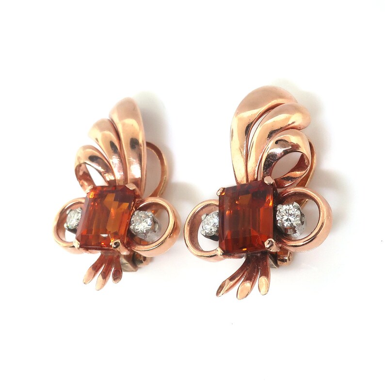 Vintage Orange Citrine Diamond Pierced Earrings 1940's 4.15ct t.w. 18k Yellow Gold Platinum image 2