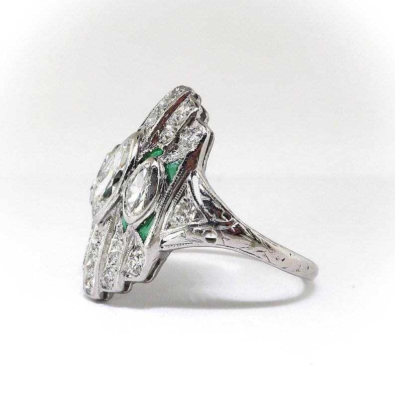 Art Deco .88ct.tw. Diamond and Emerald Navette Ring Platinum image 4