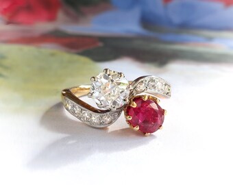 Antique Edwardian French Toi et Moi 1.32ct t.w. Natural Ruby & Old European Cut Diamond Bypass Ring Platinum 18k