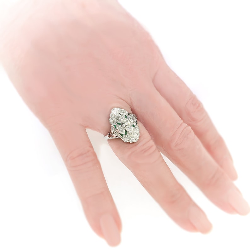 Art Deco .88ct.tw. Diamond and Emerald Navette Ring Platinum image 8