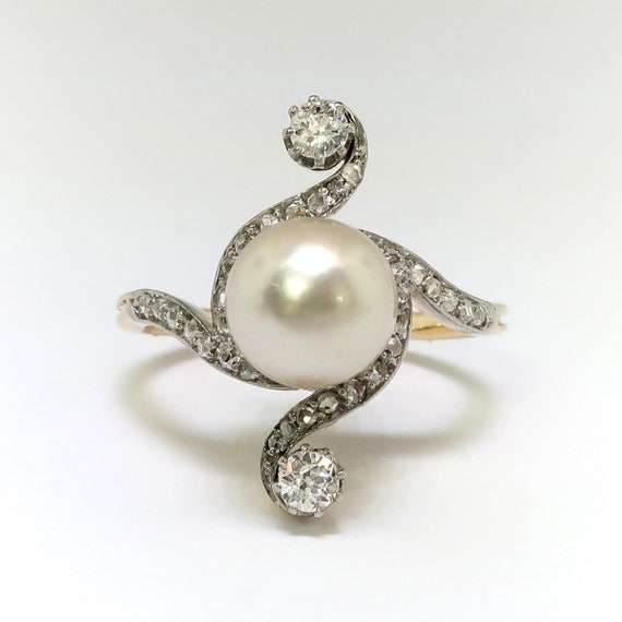 Antique Edwardian Pearl and Diamond Bypass Ring 1… - image 2