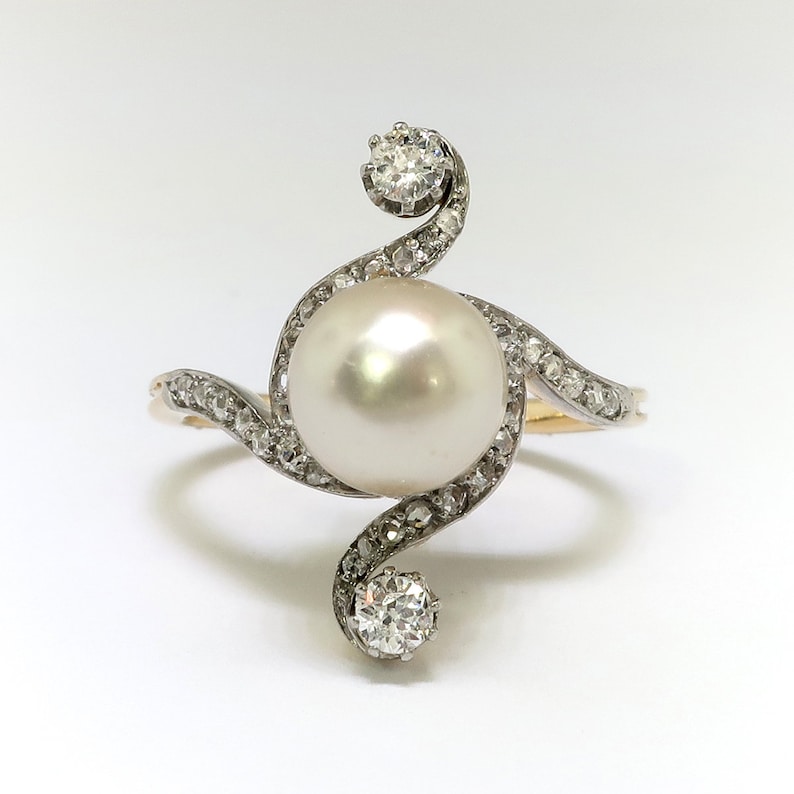 Antique Edwardian Pearl and Diamond Bypass Ring 14K Platinum image 2