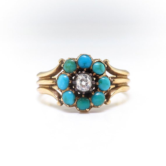 Antique Victorian Turquoise and Diamond Flower Ri… - image 2