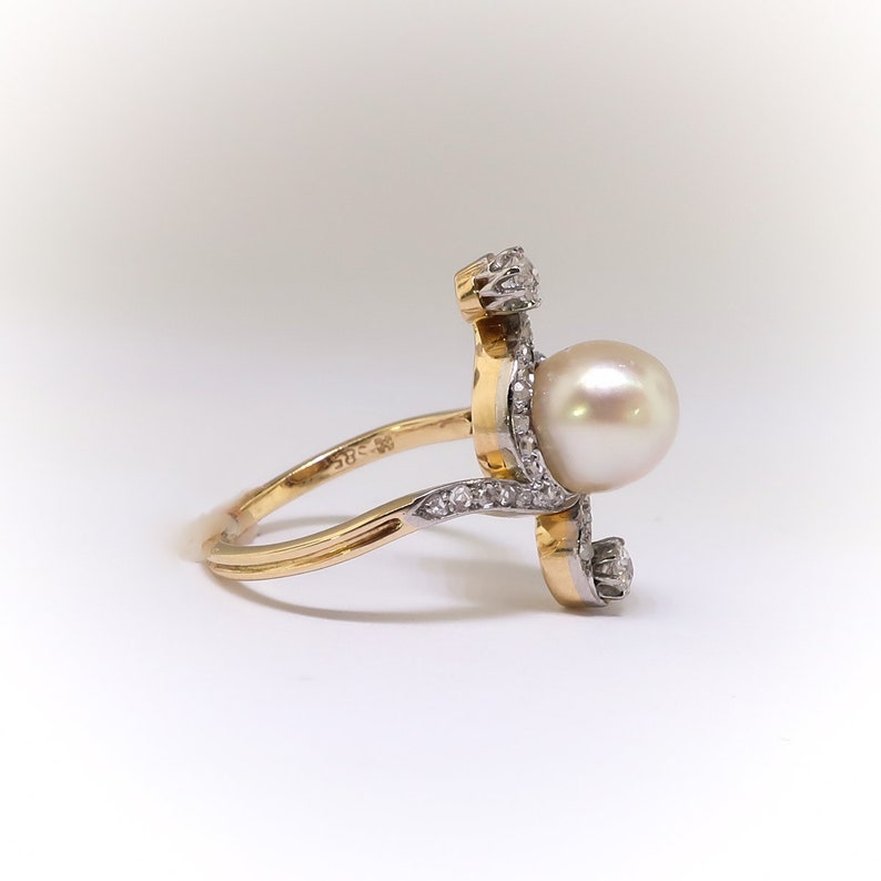 Antique Edwardian Pearl and Diamond Bypass Ring 14K Platinum image 4