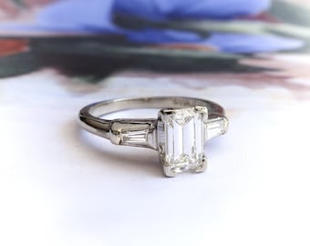 Vintage 1960s .89ct t.w. Emerald Cut & Tapered Baguette Diamond Engagement Ring Platinum