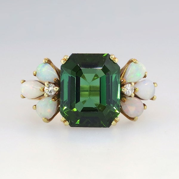 Flawless Colorful Green Tourmaline, Opal & Diamond Ring 18k