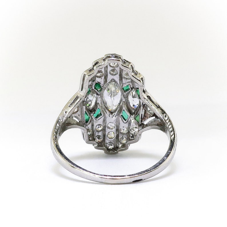 Art Deco .88ct.tw. Diamond and Emerald Navette Ring Platinum image 6