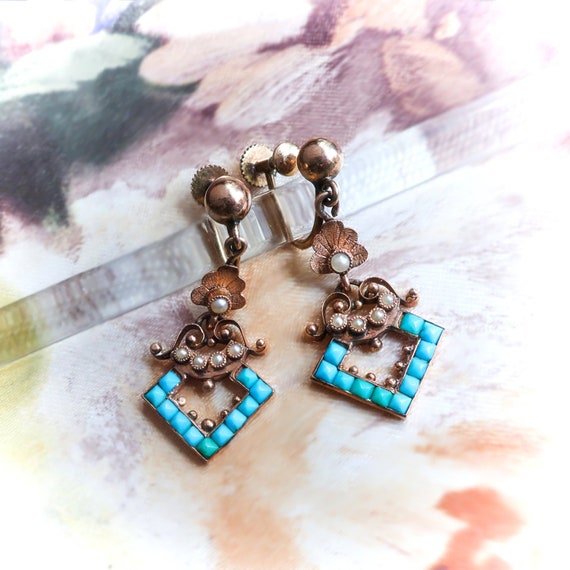 Antique Turquoise Pearl Chandelier Earrings Circa