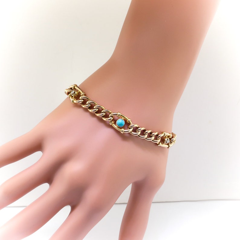 Vintage Turquoise and Diamond Link Bracelet 15k Yellow Gold Fits 7 Inch Wrist image 4