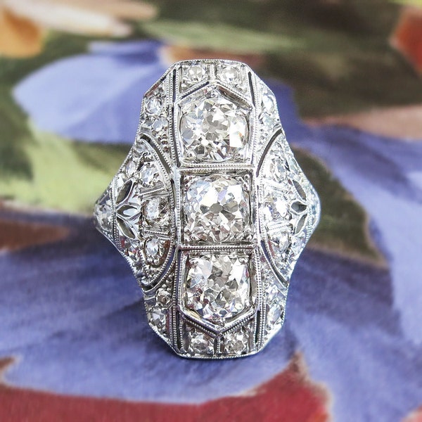 SOLD----Final Payment Due 4/10----Art Deco Vintage 1930's Old European Cut Diamond Hand Engraved Filigree Platinum Anniversary Cocktail Ring