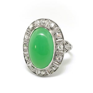 Vintage Art Deco 1930's 4.28ct.tw. Green Chrysoprase Diamond Halo Ring 18k White Gold image 3