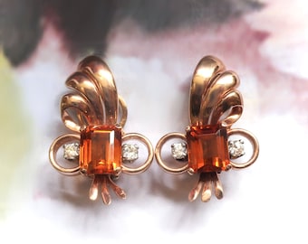 Vintage Orange Citrine Diamond Pierced Earrings 1940's 4.15ct t.w. 18k Yellow Gold Platinum