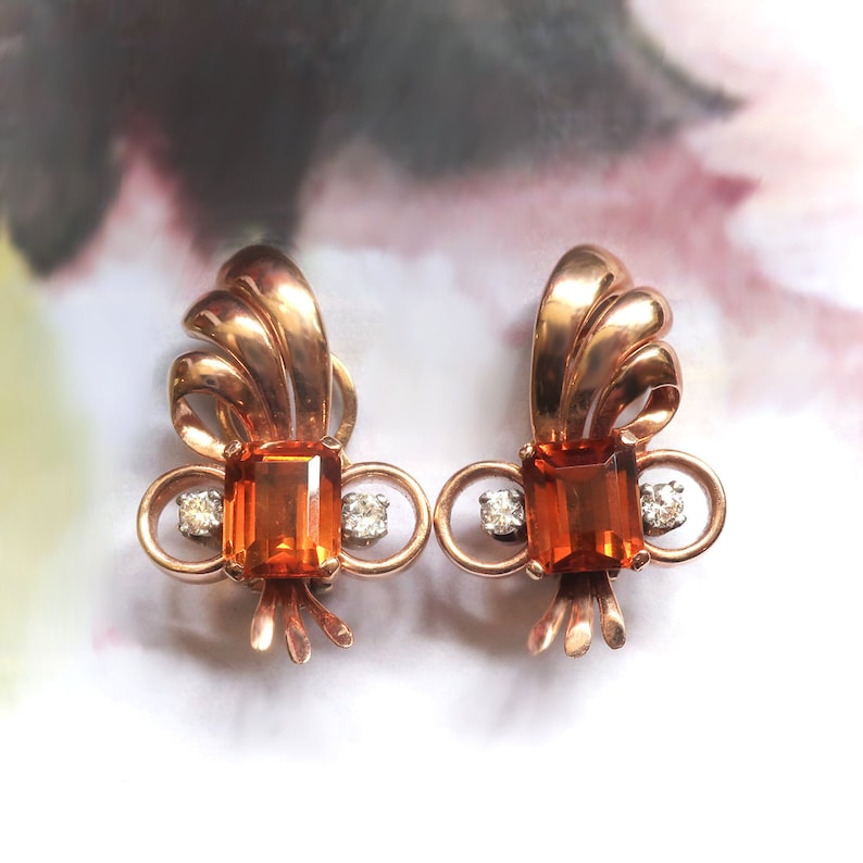 Vintage Orange Citrine Diamond Pierced Earrings 1940's 4.15ct t.w. 18k Yellow Gold Platinum image 1