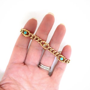 Vintage Turquoise and Diamond Link Bracelet 15k Yellow Gold Fits 7 Inch Wrist image 7
