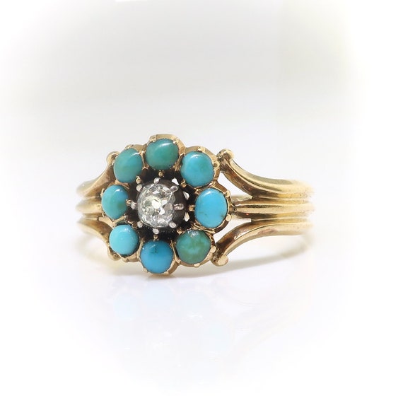 Antique Victorian Turquoise and Diamond Flower Ri… - image 3