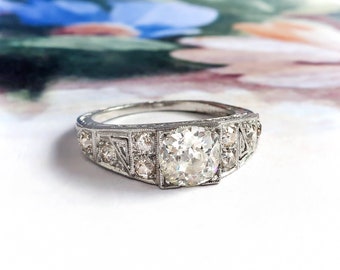 Vintage Art Deco 1.32ct.tw. Old European Cut Diamond Filigree Engagement Ring Platinum