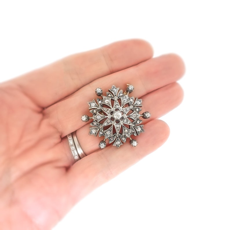 Antique Victorian .81 ct. tw. Diamond Snowflake Pendant Brooch Silver Over 14K image 7
