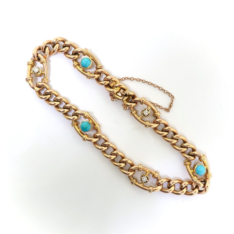 Vintage Turquoise and Diamond Link Bracelet 15k Yellow Gold Fits 7 Inch Wrist image 2