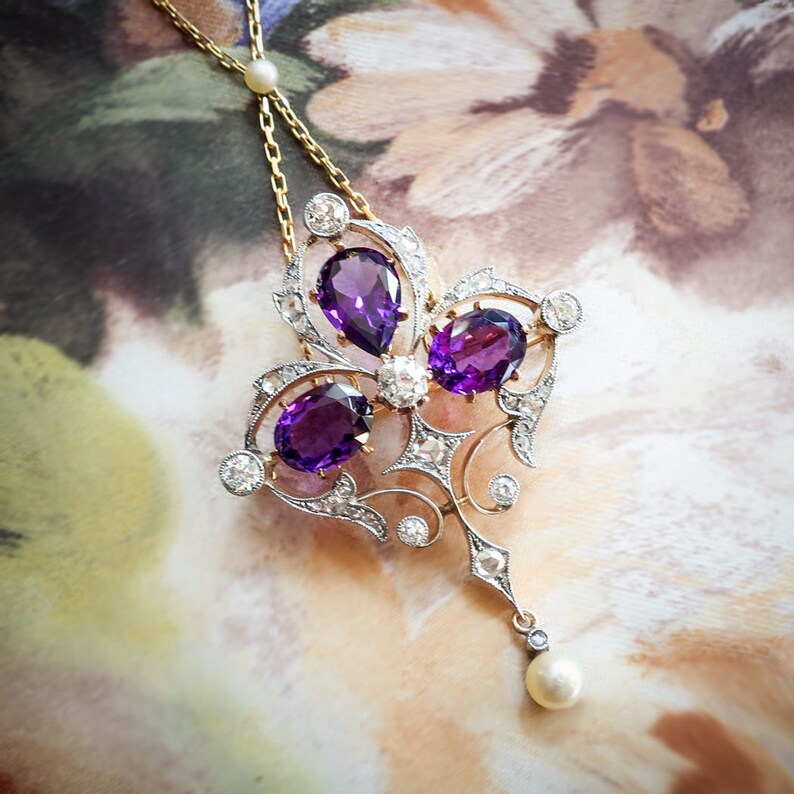 Antique Amethyst Old Diamond Pearl Necklace Pendant 6 19ct Image 0