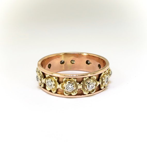 Estate Diamond Floral Eternity Band Rose and Yell… - image 3