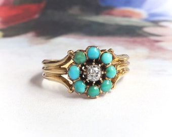 Antique Victorian Turquoise and Diamond Flower Ring 14K