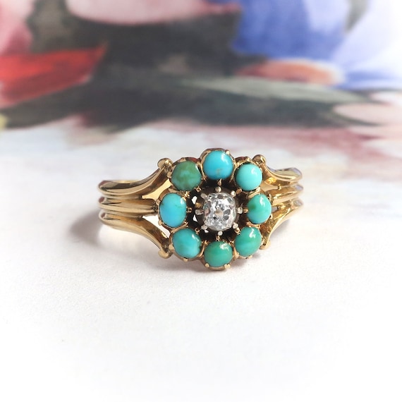 Antique Victorian Turquoise and Diamond Flower Ri… - image 1