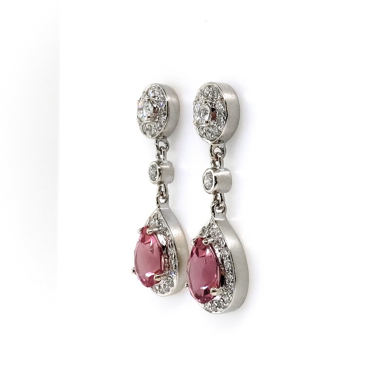 Estate Pink Pear Shape Tourmaline and Diamond Drop Earrings 18K White Gold image 4