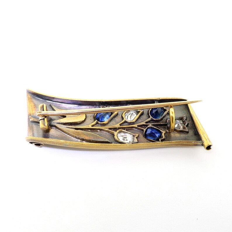 Antique Early Victorian 2.47ct t.w. Old Diamond Sapphire Floral Pin 18k Gold image 3