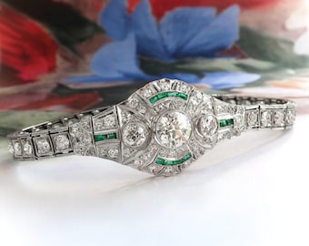 Vintage Art Deco 6.93ct.tw. Old European Cut Diamond Emerald Platinum Bracelet 6.5"