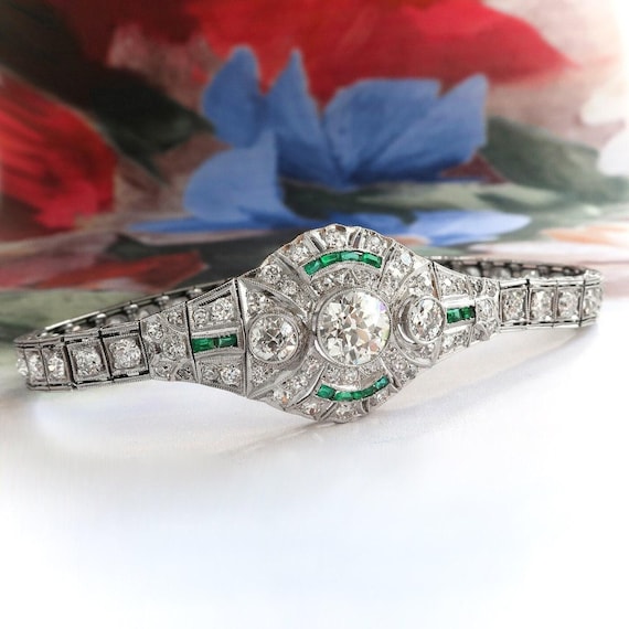 Vintage Art Deco 6.93ct.tw. Old European Cut Diamond Emerald Platinum Bracelet 6.5"