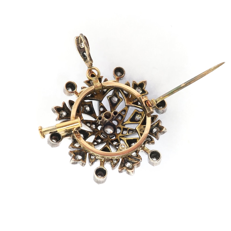 Antique Victorian .81 ct. tw. Diamond Snowflake Pendant Brooch Silver Over 14K image 4